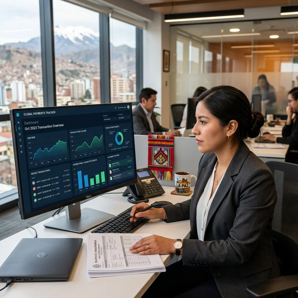 Responsable financiero revisando panel de pagos internacionales y documentos digitales