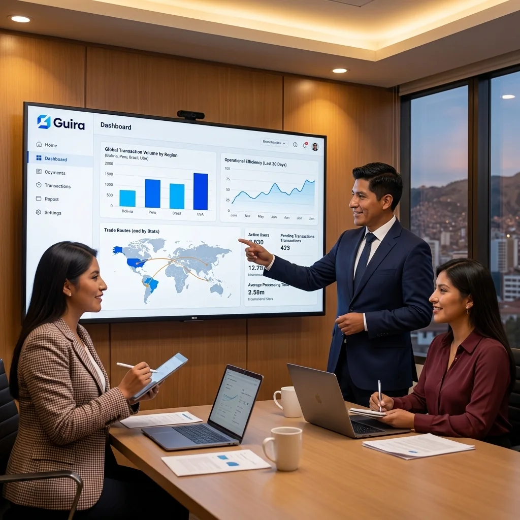 Equipo financiero comparando información de operaciones internacionales desde un dashboard colaborativo