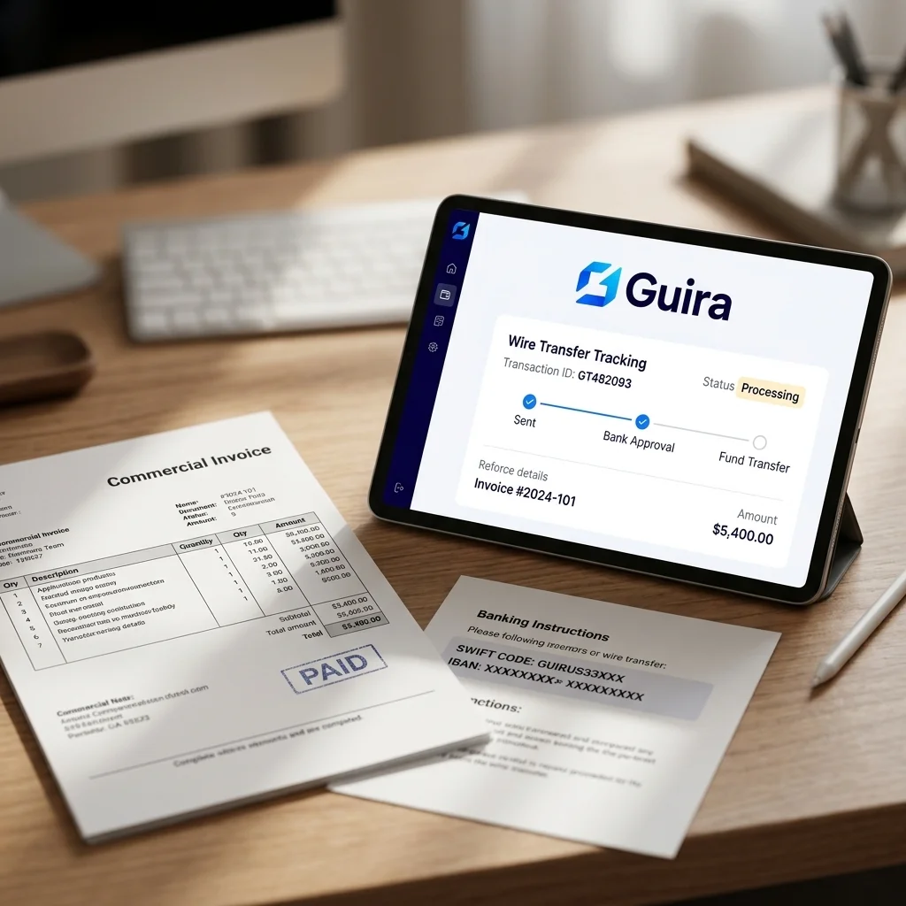 Factura comercial, instrucciones bancarias y seguimiento de Wire Transfer en Guira