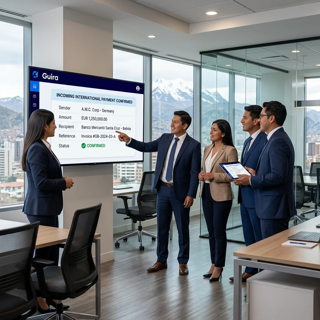 Equipo financiero boliviano revisando una confirmación de pago internacional en dólares en una oficina corporativa