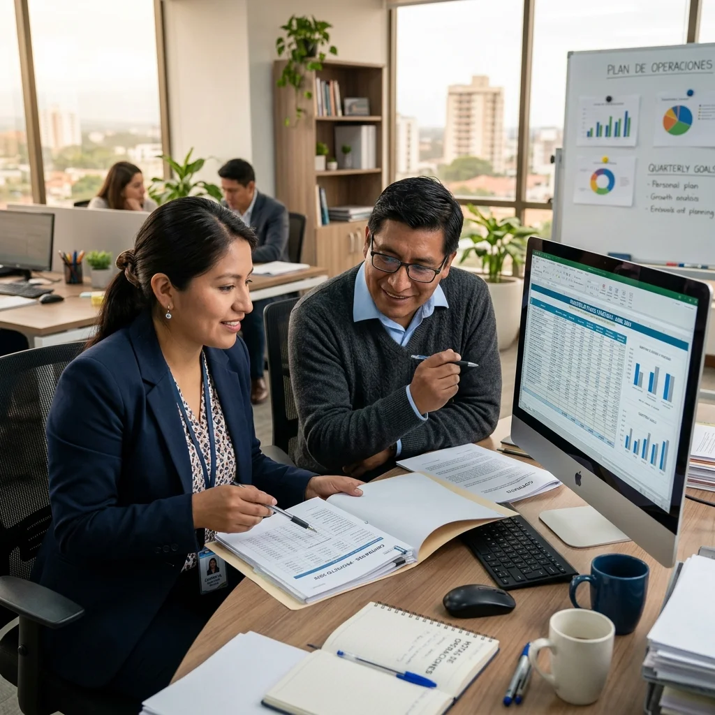 Equipo administrativo revisando documentación y seguimiento de operaciones