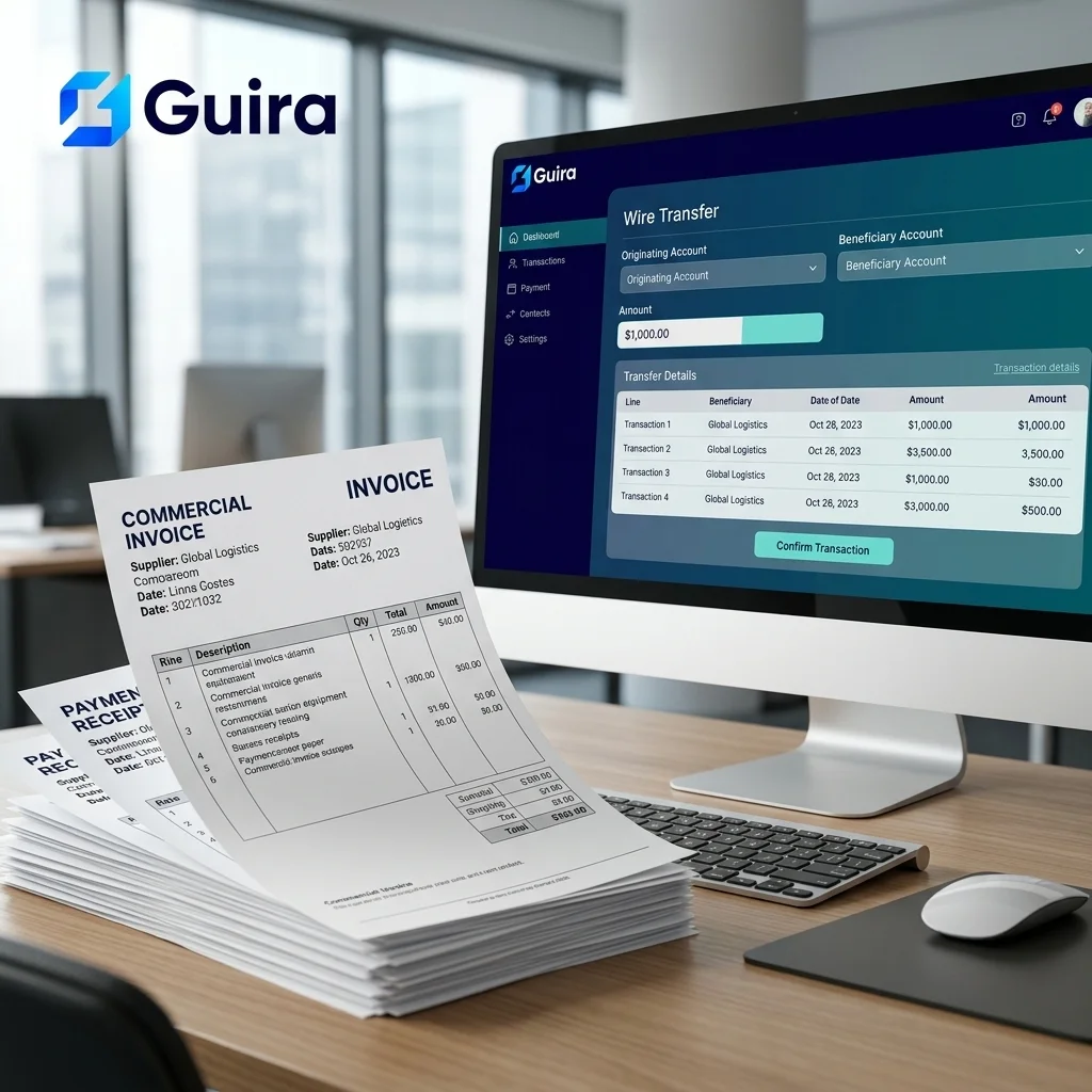 Documentos comerciales y computadora con una visualización de transferencia bancaria internacional